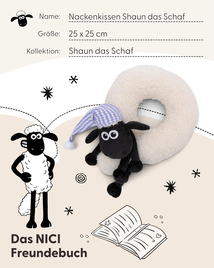 NICI Nackenkissen Kinder Shaun das Schaf 25x25cm - Nackenhörnchen - Flauschiges Kinderkissen für Mäd