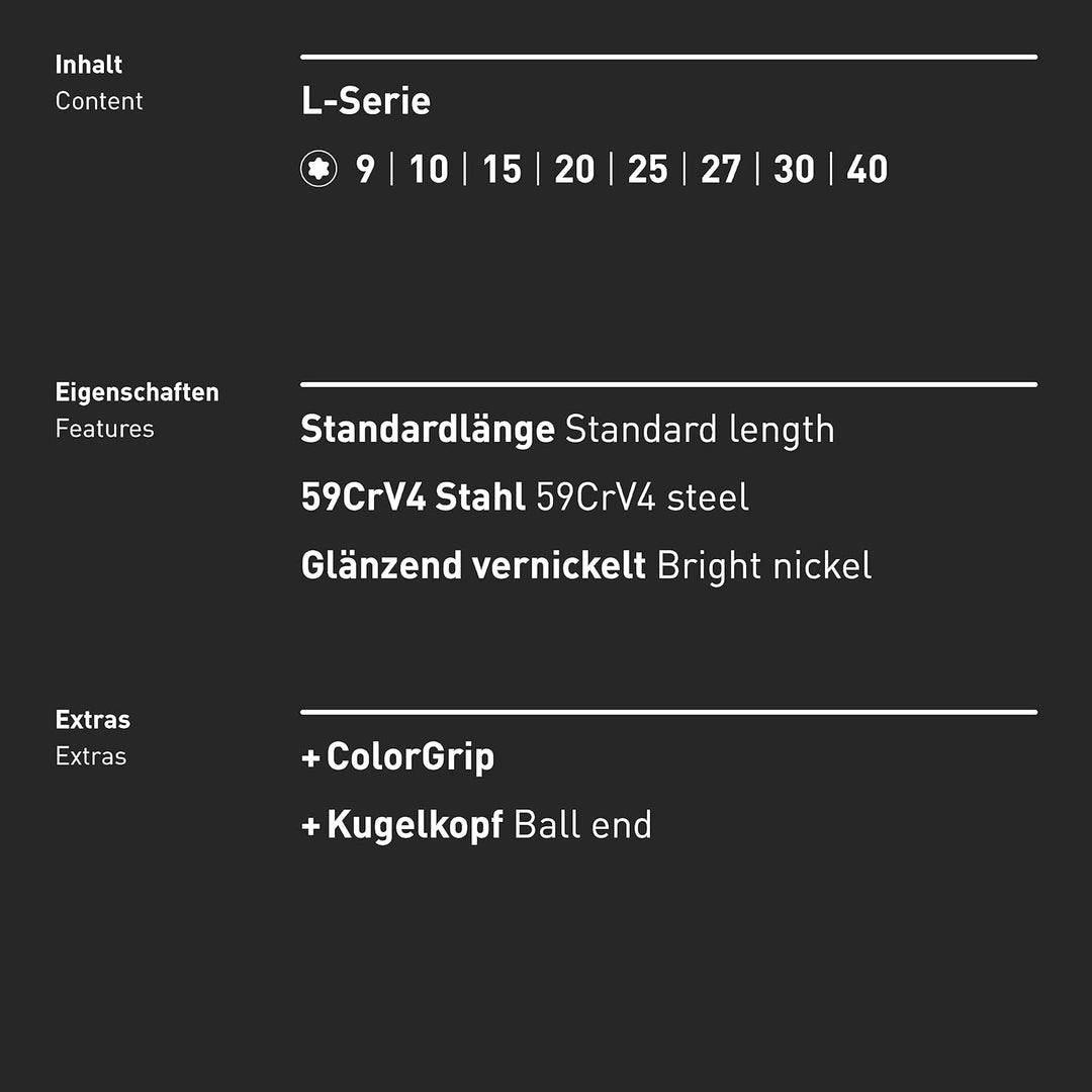 TORX® Winkelschraubendreher Set 8tlg., TX9–40, mit ColorGrip — Made in Germany (INBUS® 74223)