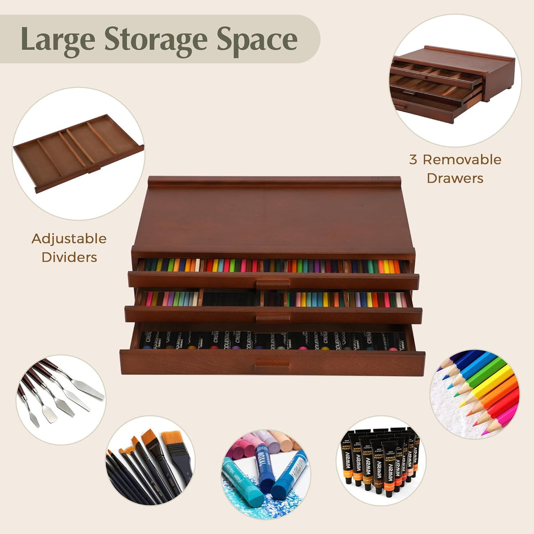 VISWIN 3-Schublade Holz Artist Supply Storage Box mit abnehmbaren Trennwänden, Premium Buche Holz Ar