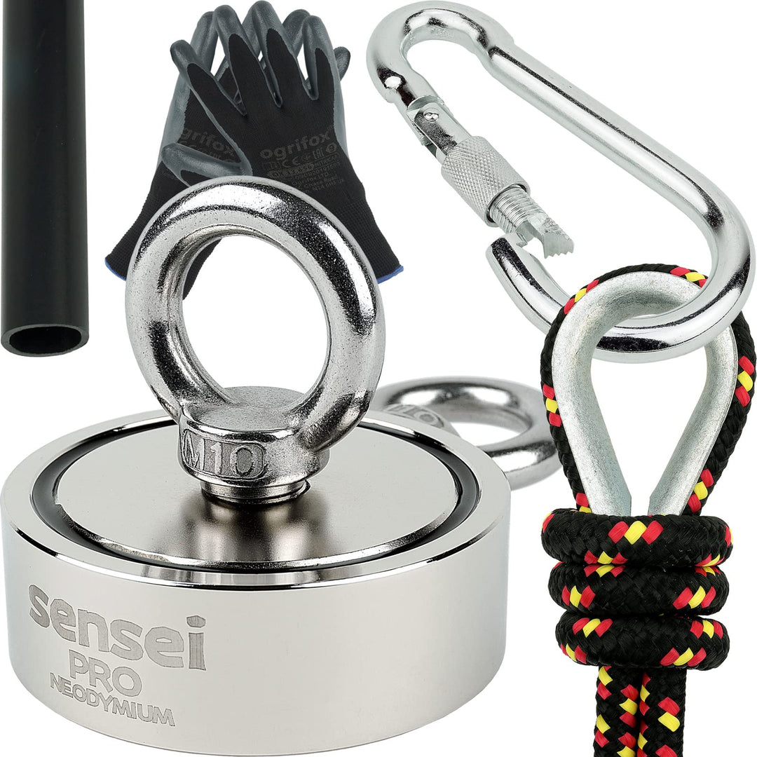 SENSEI Set 250 kg, Doppelseitiger N52 Neodym-Magnet mit 2 Ösen, Ø7,5 x H2,5 cm, Segelseil 25 m, Schu