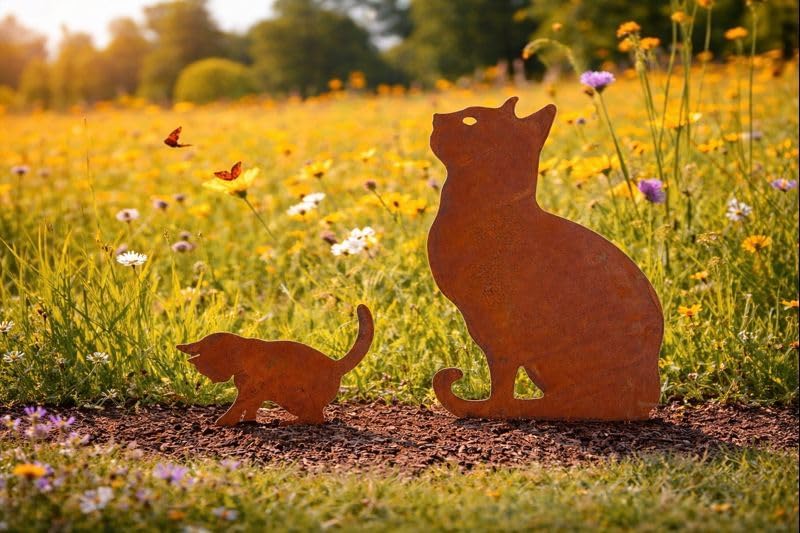 Bornhöft Gartendeko Gartenstecker Katze mit Kitte Katzenbaby Edelrost Rost-Optik Metallfigur, Garten