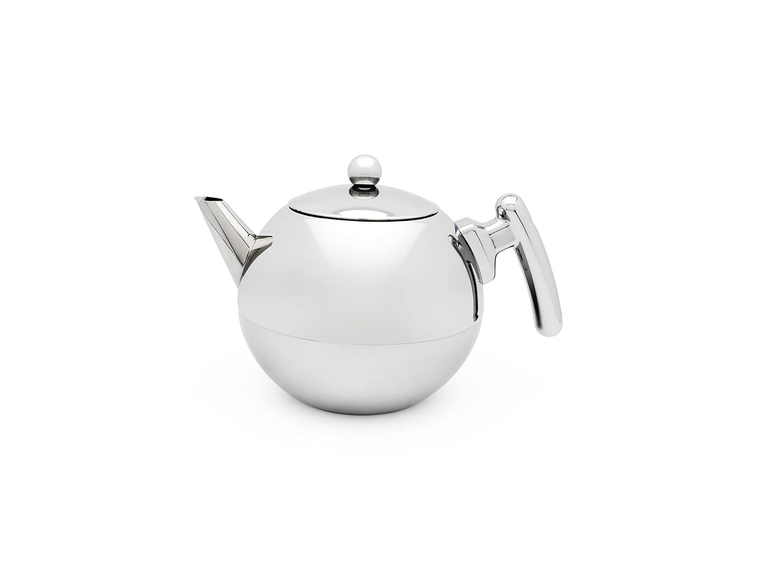 doppelwandige glänzende bauchige Edelstahl Teekanne mit flachem Boden 1.2 Liter 145x236x160 mm Chrom