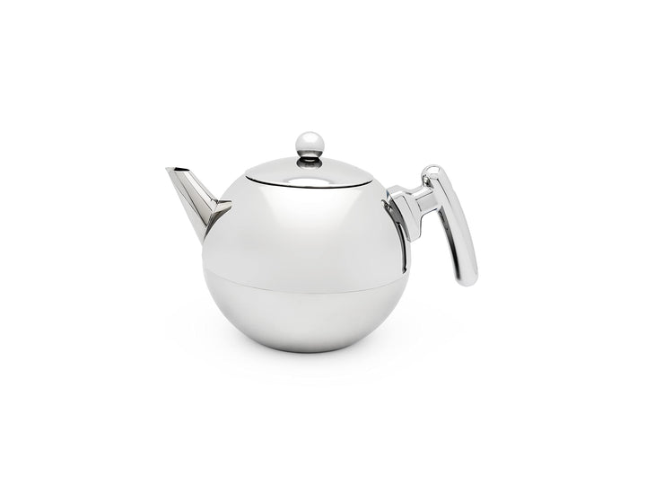 doppelwandige glänzende bauchige Edelstahl Teekanne mit flachem Boden 1.2 Liter 145x236x160 mm Chrom