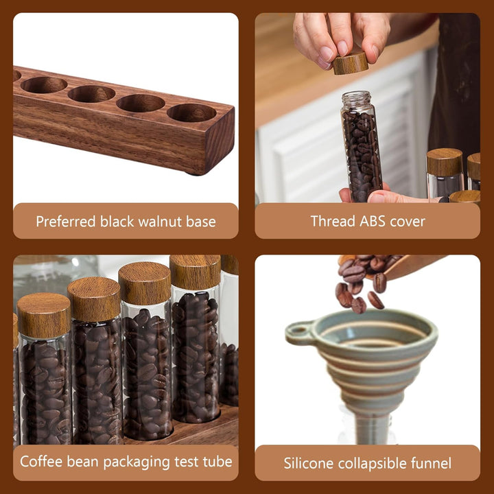 Kaffeebohnen -Röhren Kaffeebohnenkeller 6pcs Einzeldosis Kaffeebohnen -Lagerrohre mit Holzständer ＆