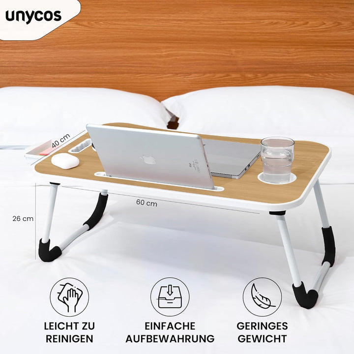unycos - Betttablett Klappbar, Frühstückstablett mit Griff und Getränkehalter, Serviertisch, Ideal f