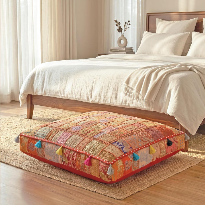 THE ART BOX 88 x 88 x 12 cm, Vintage-Patchwork, grosses Outdoor-Kissen, grosses Hundebett, Gartendek