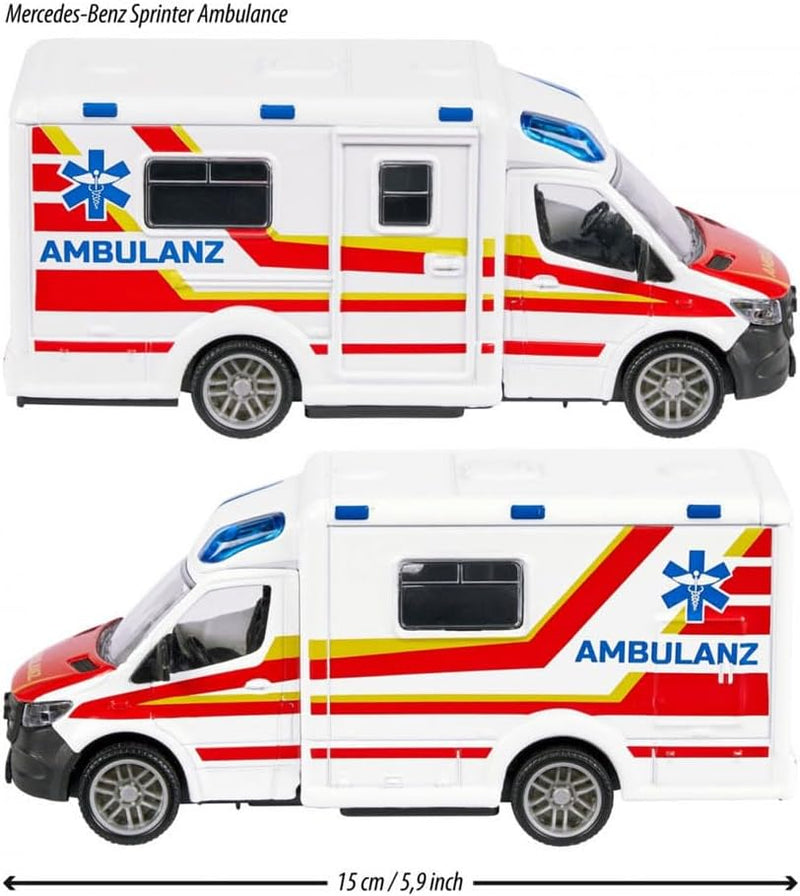 Majorette - Mercedes-Benz Sprinter Krankenwagen – Premium Modell, mit Licht & Sound, Gummireifen, vi