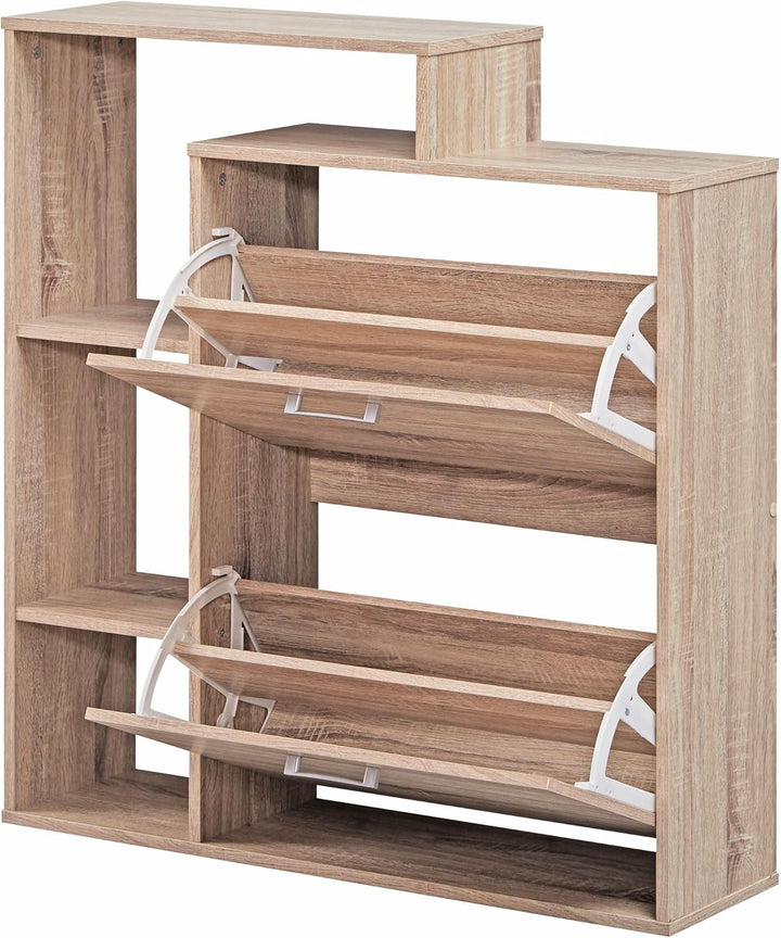 FineBuy Moderner Schuhkipper MASSA Holz 2 Fächer Sonoma Eiche 12 Paar Schuhe, Schuhschrank 85 x 24 x