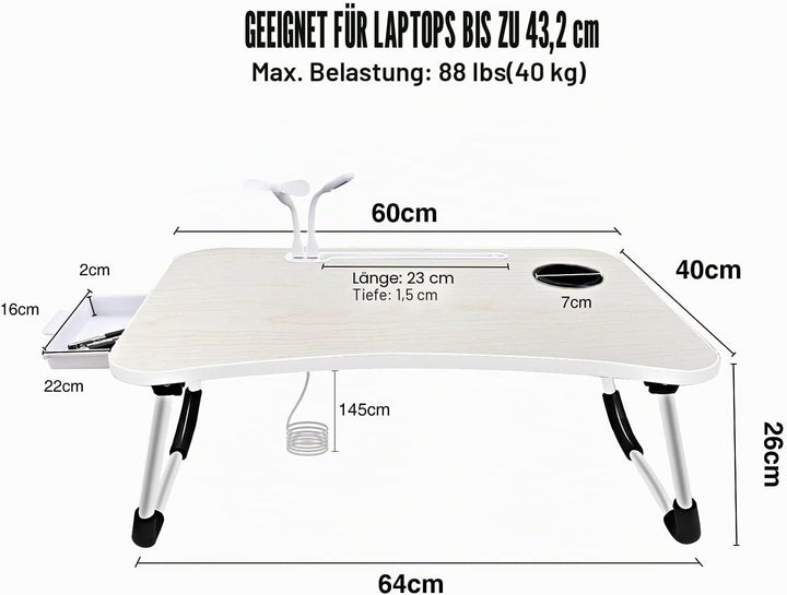 A3A ACADGQ Laptoptisch, Laptop Betttisch Klappbar, Notebook Tisch mit 4 USB-Ladeanschluss, Schublade