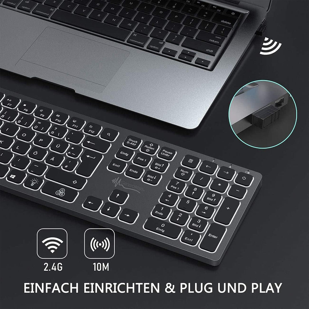 GeneralKeys Tastatur beleuchtet: Funk-Tastatur, farbige Beleuchtung, Slim, Scissor-Tasten, Akku, 2,4