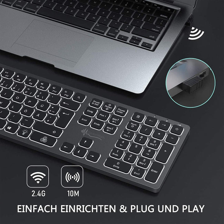 GeneralKeys Tastatur beleuchtet: Funk-Tastatur, farbige Beleuchtung, Slim, Scissor-Tasten, Akku, 2,4