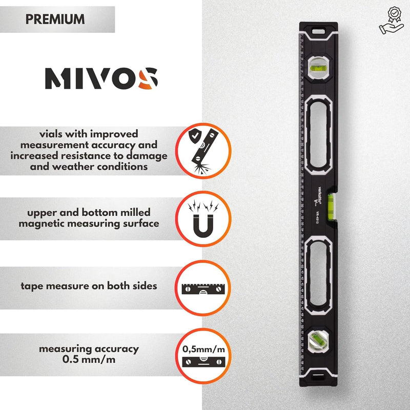 MIVOS - Aluminium Wasserwaage 60cm mit Magnet System und Aluminium-Gehäuse - Wasserwaage mit 3 Libel