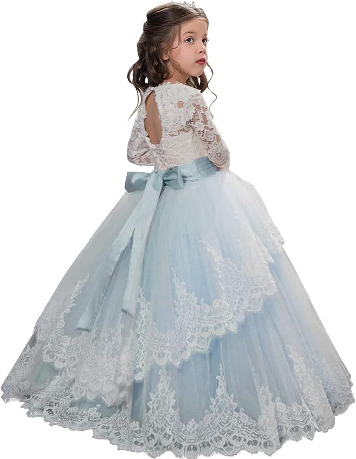 PLWEDDING Spitze Lange Ärmel Blumenmädchen Kleid Prinzessin Tüll Kleid für Kinder Erstkommunion Klei