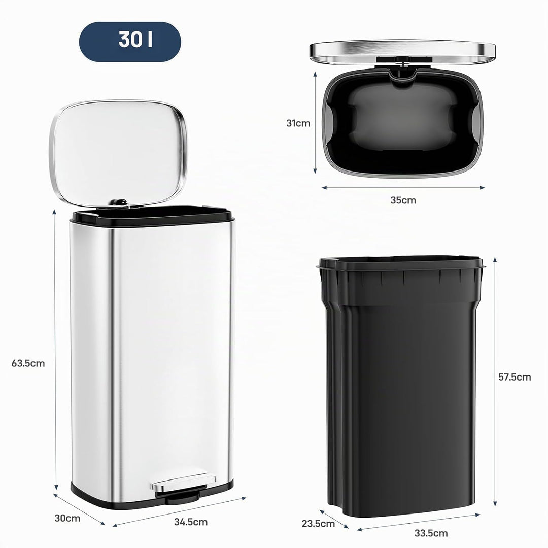 Clevich Mülleimer 30L aus Stahl, Abfalleimer, Tretmülleimer mit Soft-Close Deckel, Fusspeda, abnehmb
