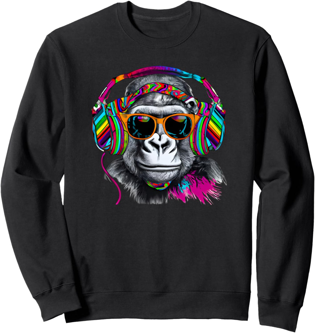 Rainbow Monkey Schimpanse mit Sonnenbrille und Kopfhörer Sweatshirt
