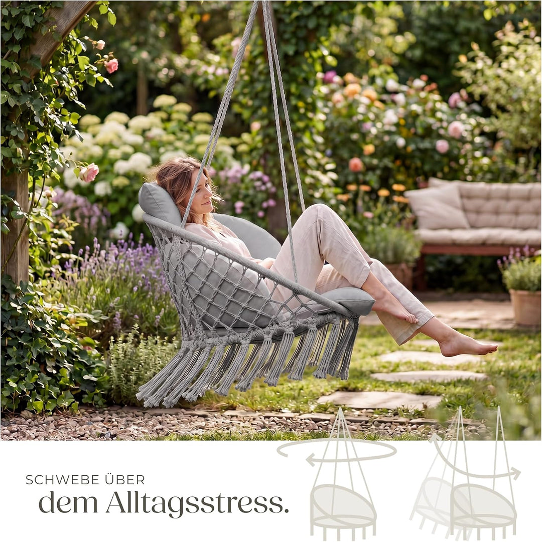 tectake® Hängesessel, Hängeschaukel mit dicken Kissen &amp; Quasten, Boho Hängekorb Ø 80 cm, Hängesessel