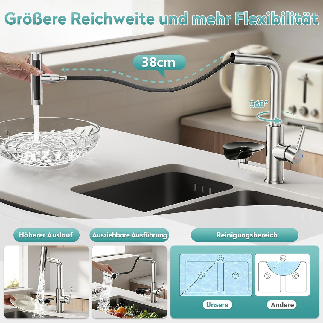MIAOHUI Wasserhahn Küche mit Glasspüler, 4 Funktionen Armatur Küche Ausziehbar, Einhebel küchenwasse
