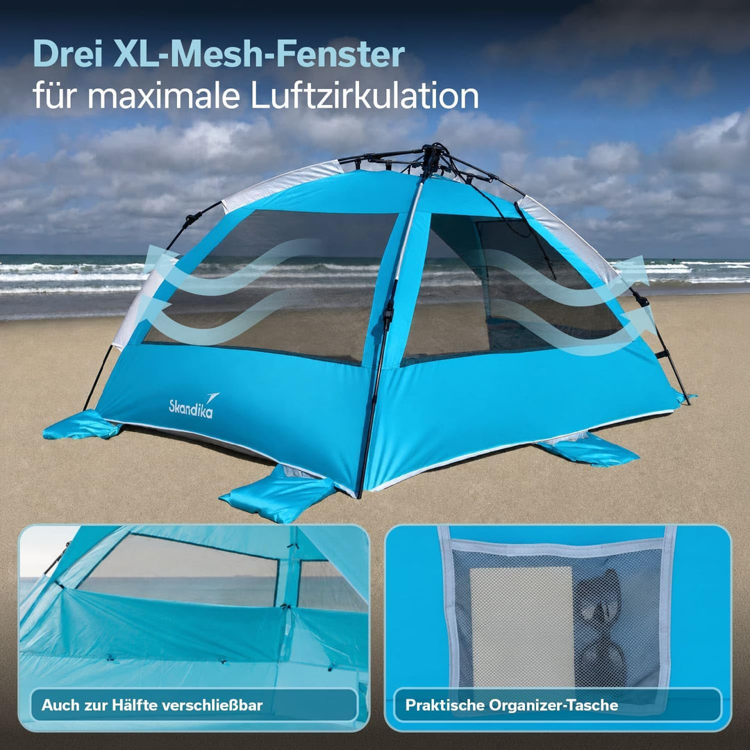 Skandika Strandmuschel Skal Quick-Start | Strandzelt, UV-Schutz 80+, 360° Mesh-Panoramafenster, Wind