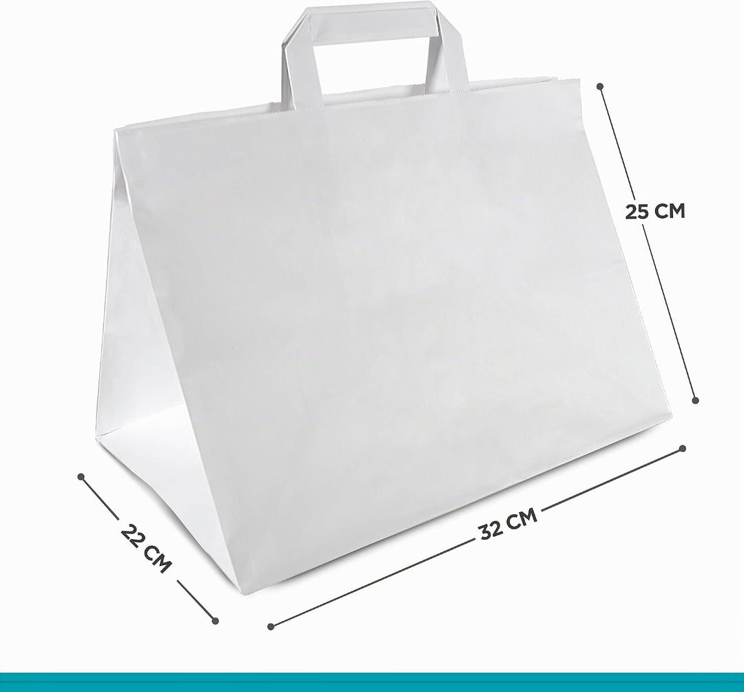 Commerline Papiertüten 250 Stück, Weiss, 32+22x25 cm | Kraftpapier Tüten Klein Mit Henkel | Tragetas