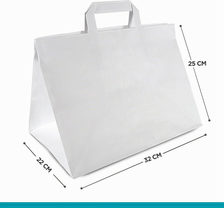 Commerline Papiertüten 250 Stück, Weiss, 32+22x25 cm | Kraftpapier Tüten Klein Mit Henkel | Tragetas