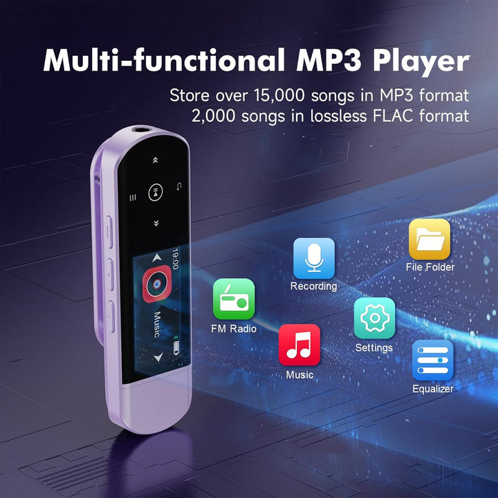 64GB Tragbarer USB MP3 Player mit Bluetooth 5.3, Clip für Sport & Laufen, FM Radio, Voice Recorder,
