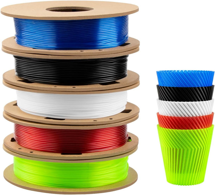 TPU Filament 1.75mm Bundle, TINMORRY TPU 3D Drucker Filament, 200g x 5 Spools, Black+White+Transpare
