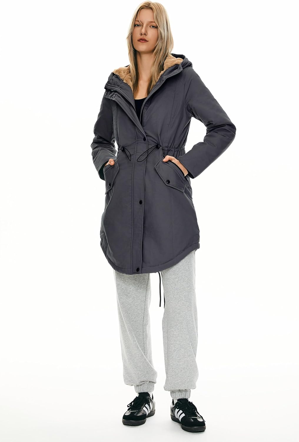 Orolay Damen Kapuzen Fleece Gefüttert Parka-Mantel Mittlere Länge Winter Draussen Gepolstert Jacke X