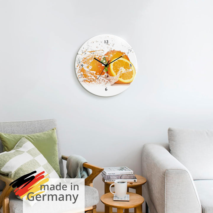 ARTLAND Wanduhr ohne Tickgeräusche Glas Quarzuhr Ø 30 cm Rund Lautlos Obst Früchte Orange im Wasser