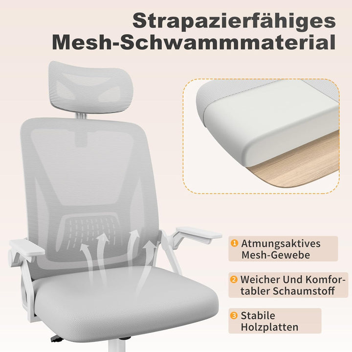 naspaluro Ergonomischer Bürostuhl, Schreibtischstuhl mit 90° Klappbaren Armlehnen, Einzigartige Lend