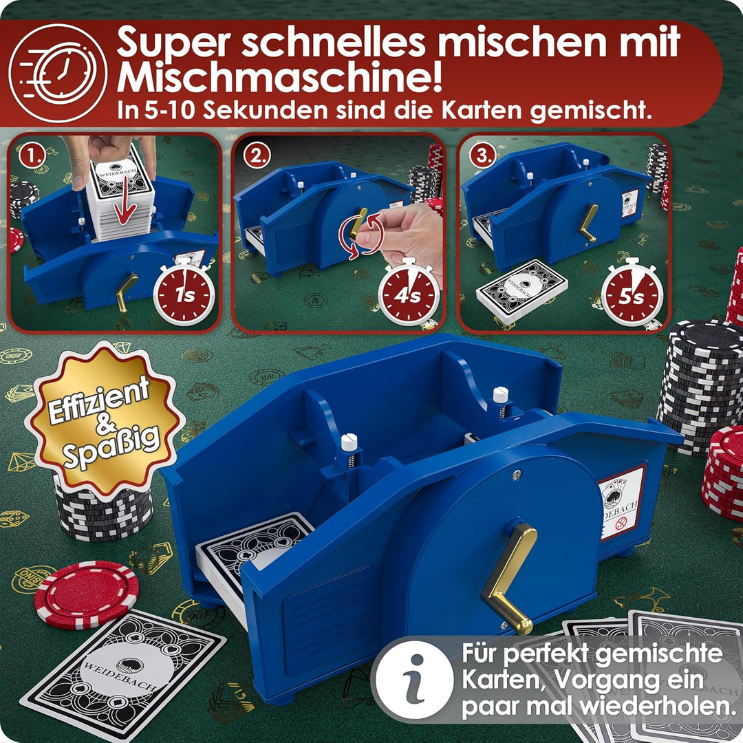 Weidebach® Blaue Kartenmischmaschine mit Goldener Kurbel für alle Standard Kartenspiele, Kartenmisch