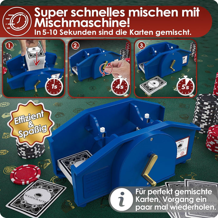 Weidebach® Blaue Kartenmischmaschine mit Goldener Kurbel für alle Standard Kartenspiele, Kartenmisch