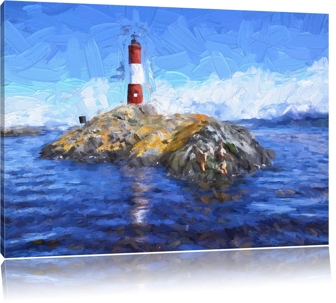 Pixxprint Leuchtturm mit Robben als Leinwandbild/Grösse: 100x70 cm/Wandbild/Kunstdruck/fertig bespan