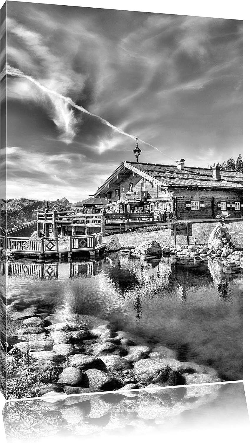Pixxprint Monocrome, Schönes Holzhaus in den Alpen, Format: 100x70 auf Leinwand, 100x70