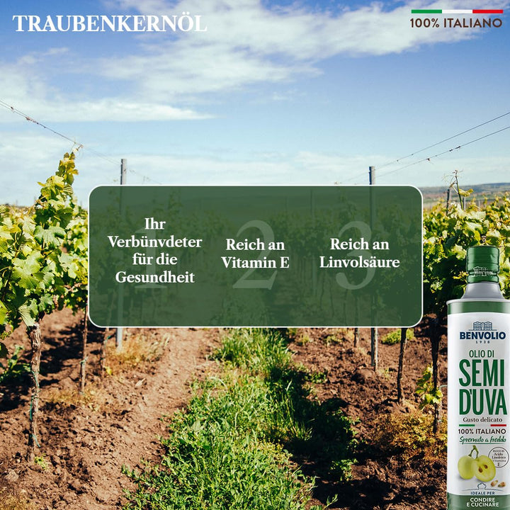 Traubenkernöl Kaltgepresst 100% Italienische - Benvolio 1938 750 ml - Reich an Vitamin E und Omega 6