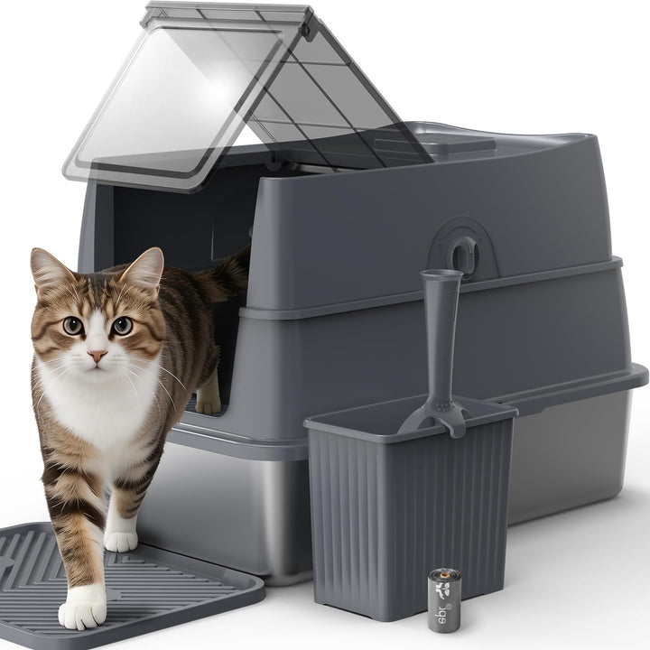 FURTIME Katzenklo Edelstahl mit Deckel, Katzentoilette Edelstahl Grosse XL Leicht zu Reinigen, Gesch