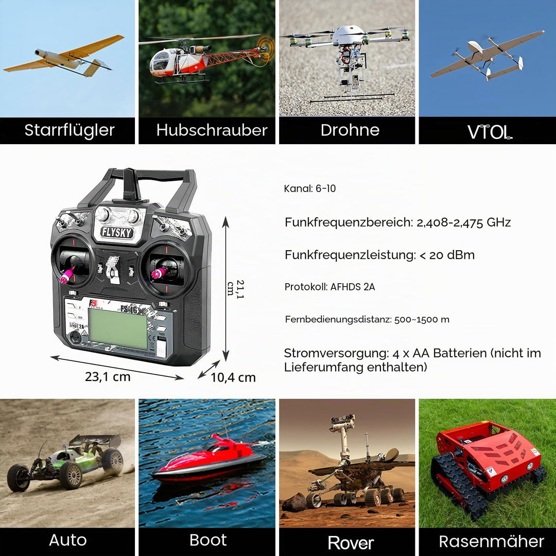 HAWK'S WORK FS-i6X 10 Kanal Sender Set, 2.4GHz RC Controller mit Empfänger für Drone Multirotor RC F