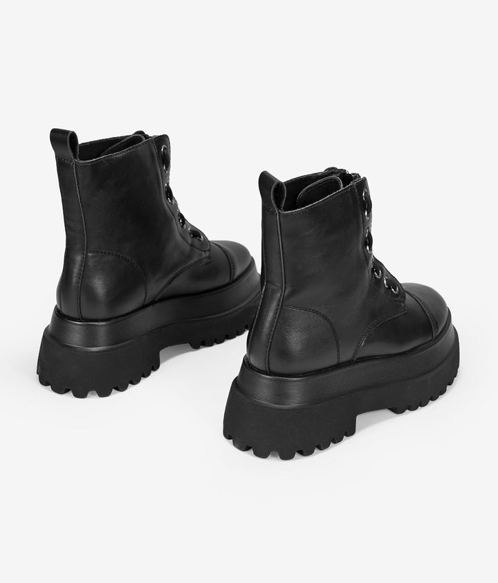 BOSANOVA Schwarze Militärstiefel mit mittlerem Reissverschluss, Schnürung Detail und Track-Plattform