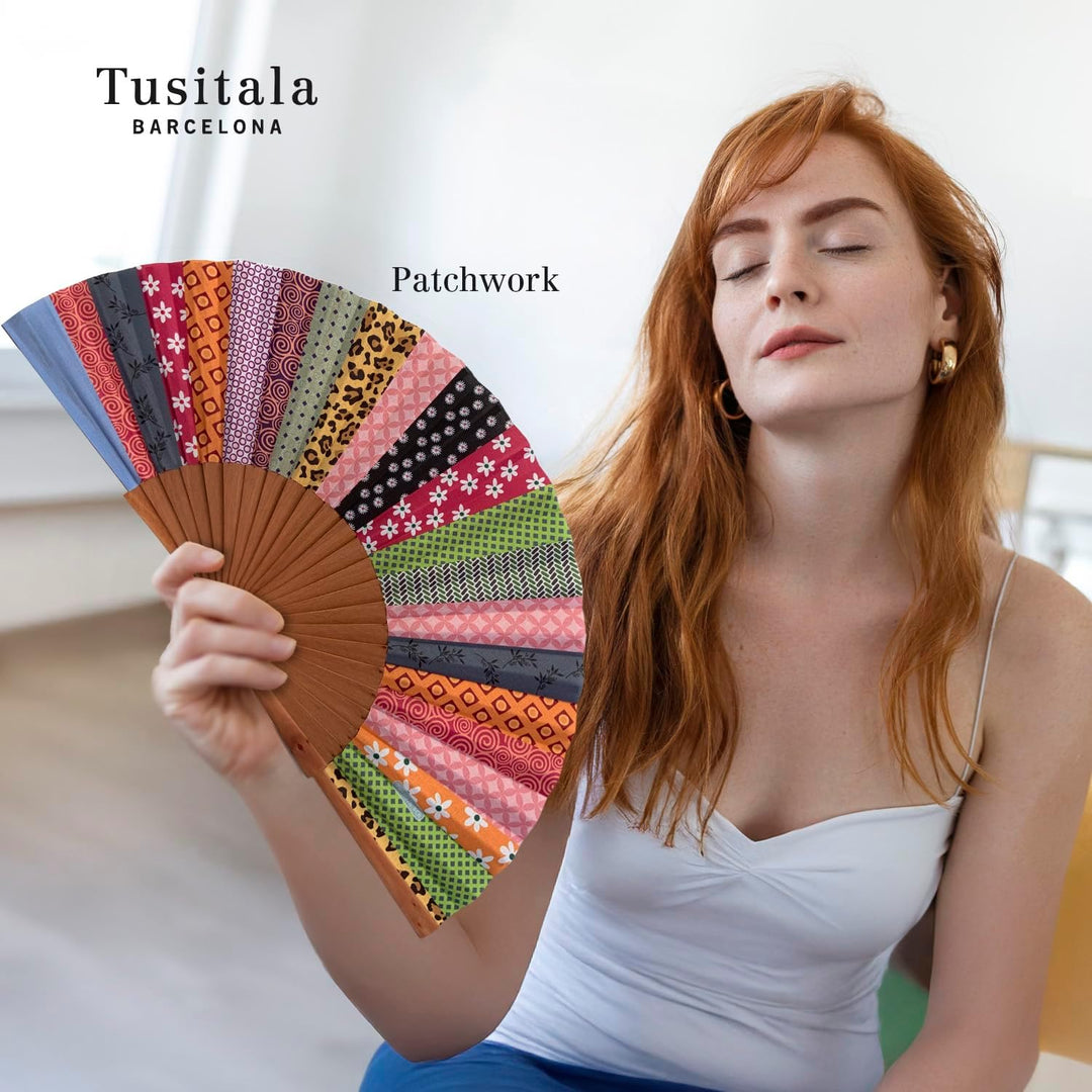 Tusitala Barcelona - Patchwork Kollektion Handfächer - Aus Holz und Baumwolle - 100% spanisches Hand