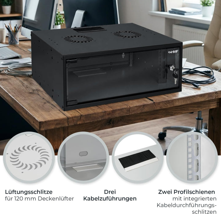 HMF 65704-02 Netzwerkschrank, Serverschrank 19 Zoll | 4 HE | 400 mm Tiefe | Glastür | Schwarz 4 HE S