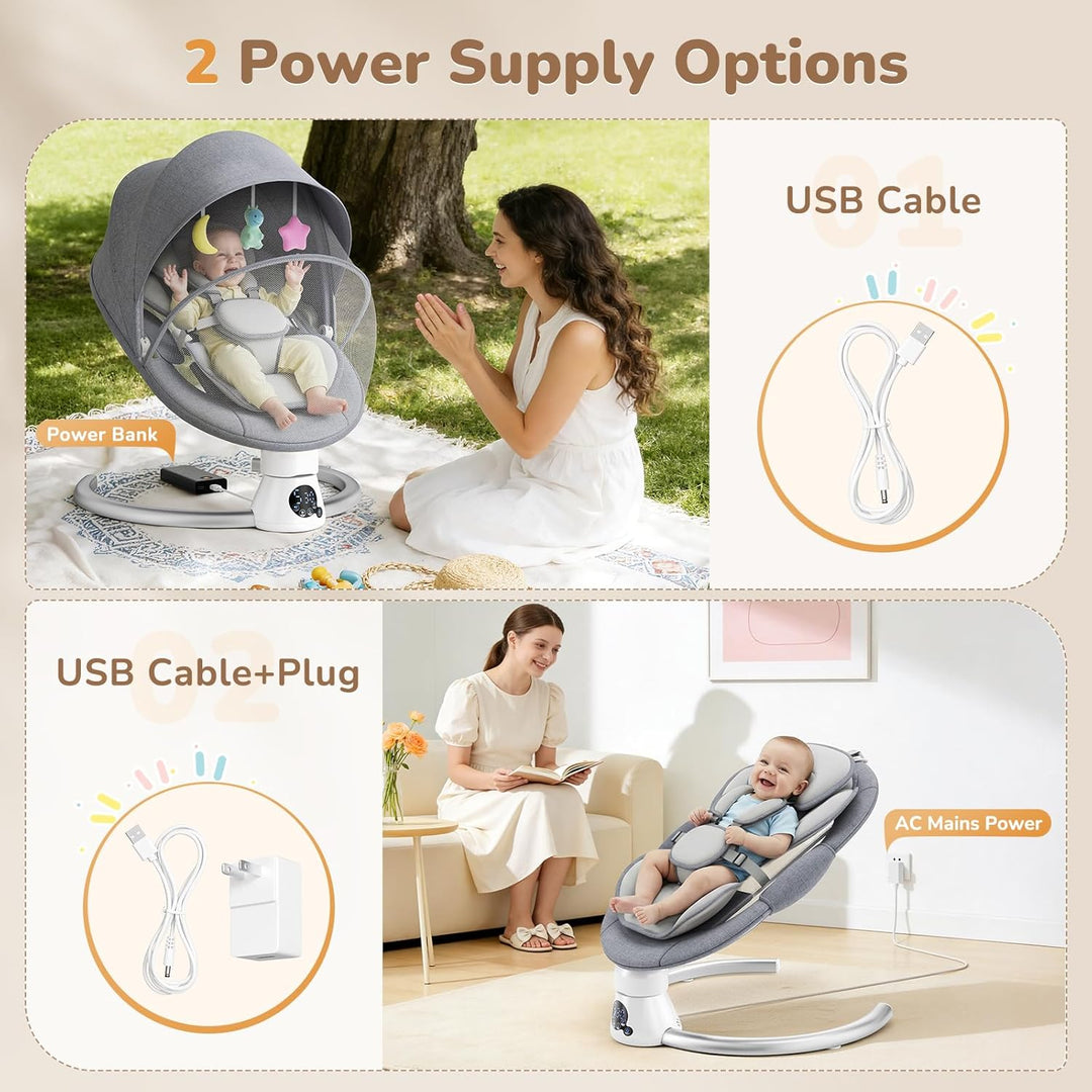 Babywippe Elektrisch mit Fernbedienung und App-Steuerung, 5 Schaukelgeschwindigkeiten, 3 Timer, 11 I