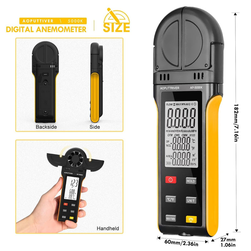 AOPUTTRIVER AP-5000K Windmessgerät Handheld Windmesser mit um 270° drehbarem Detektor und Doppelflüg