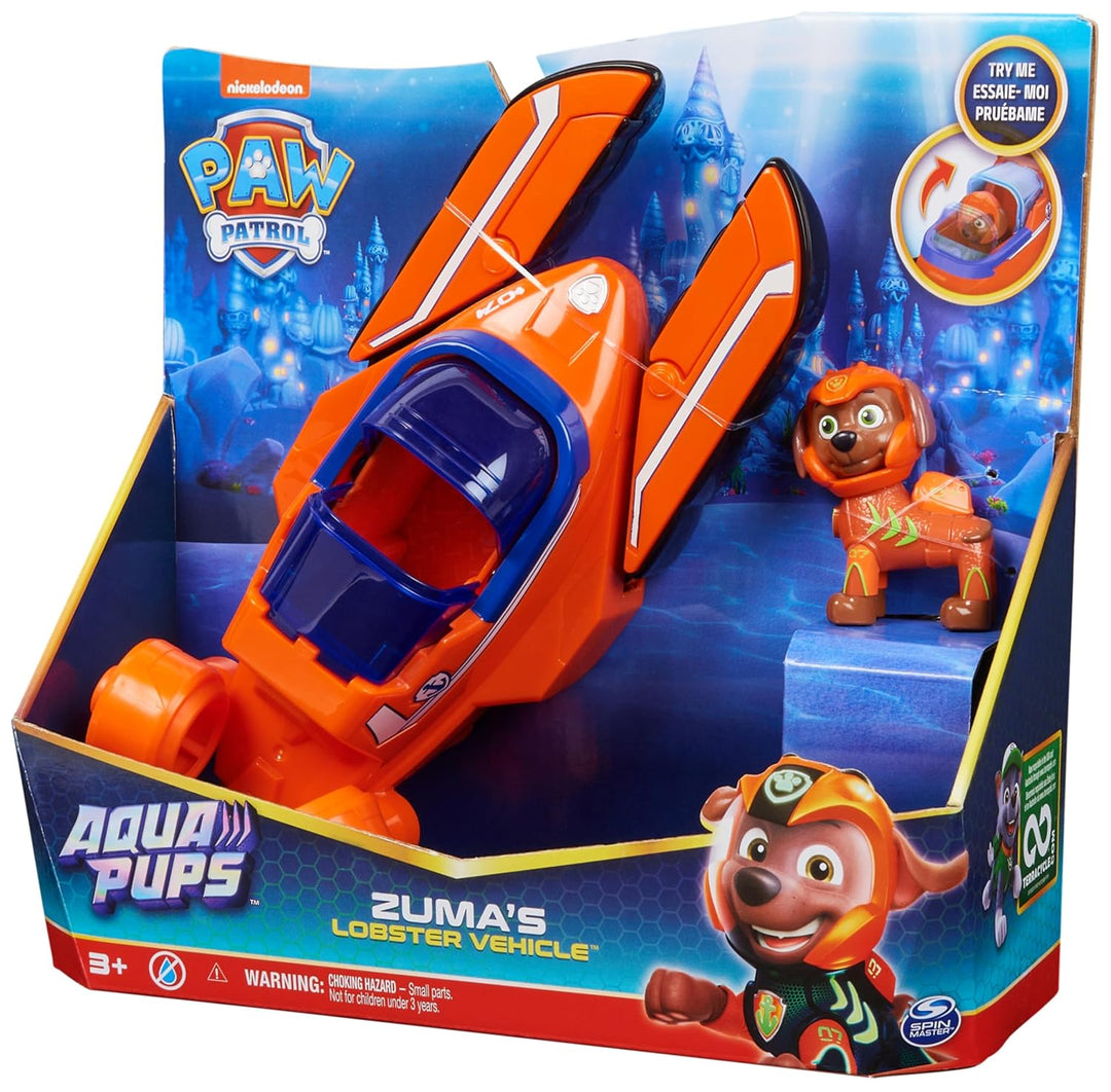 PAW PATROL, Aqua Pups - Basis Fahrzeug Spielzeugauto im Hummer-Design mit Zuma Welpenfigur, Spielzeu