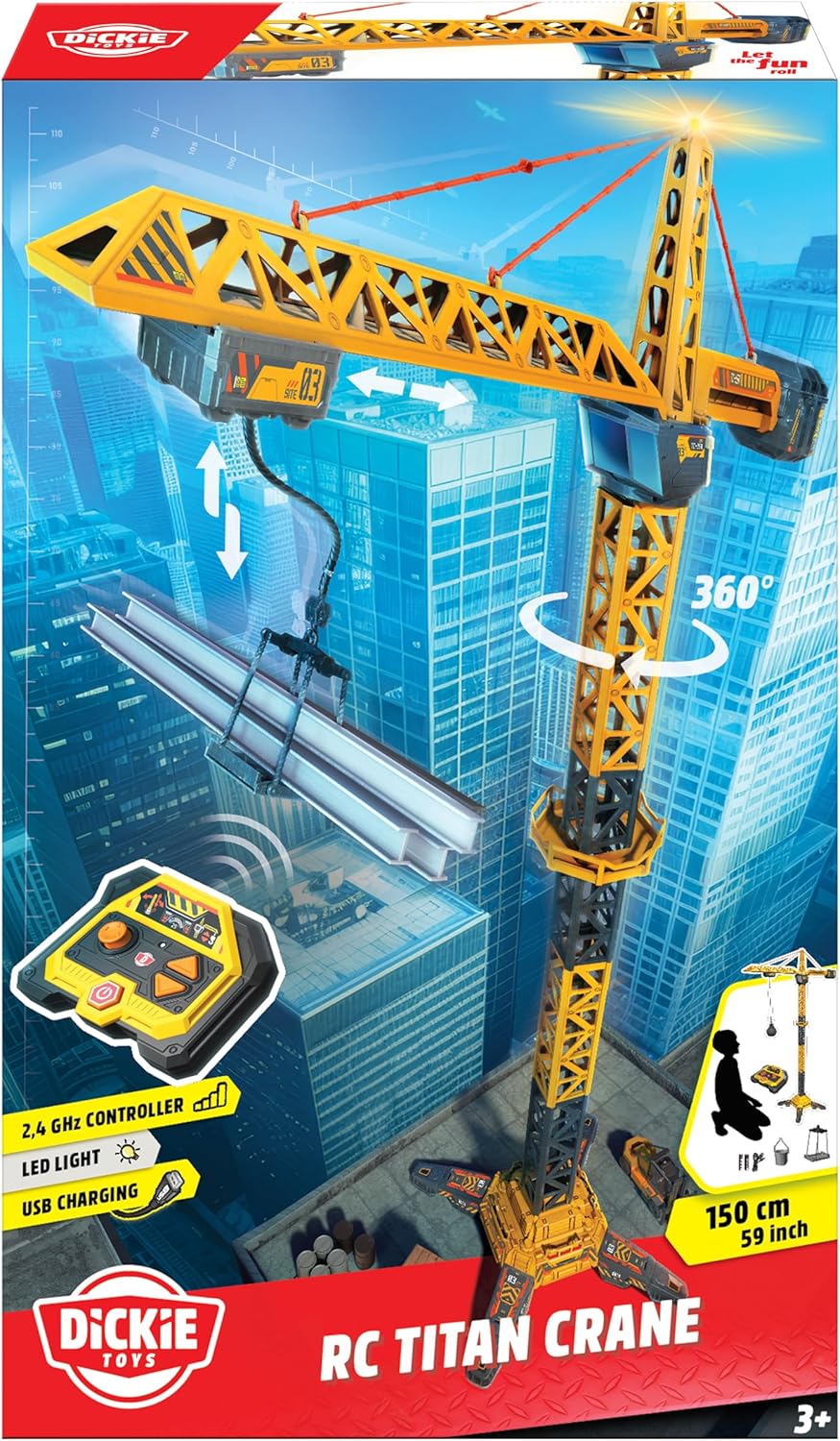 Dickie 203729025 Titan Radiokran mit Funksteuerung, 150 cm, 360° drehbar, mit Licht und USB, inklusi