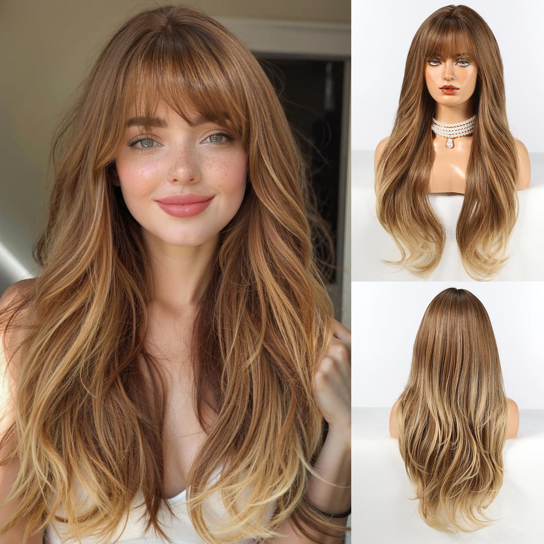 HAIRCUBE Lange Ombre-Perücke in Braun mit Pony, geschichtete lockige Perücken für Frauen, natürliche
