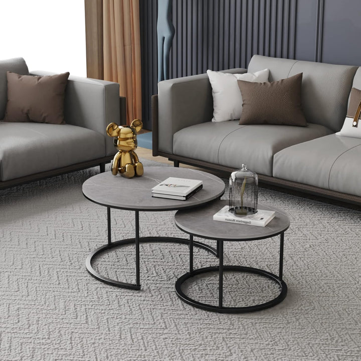 FATIVO Marmor Couchtisch 2er Set: Satztisch Rund Wohnzimmertisch mit schwarz Metallrahmen - Satztisc