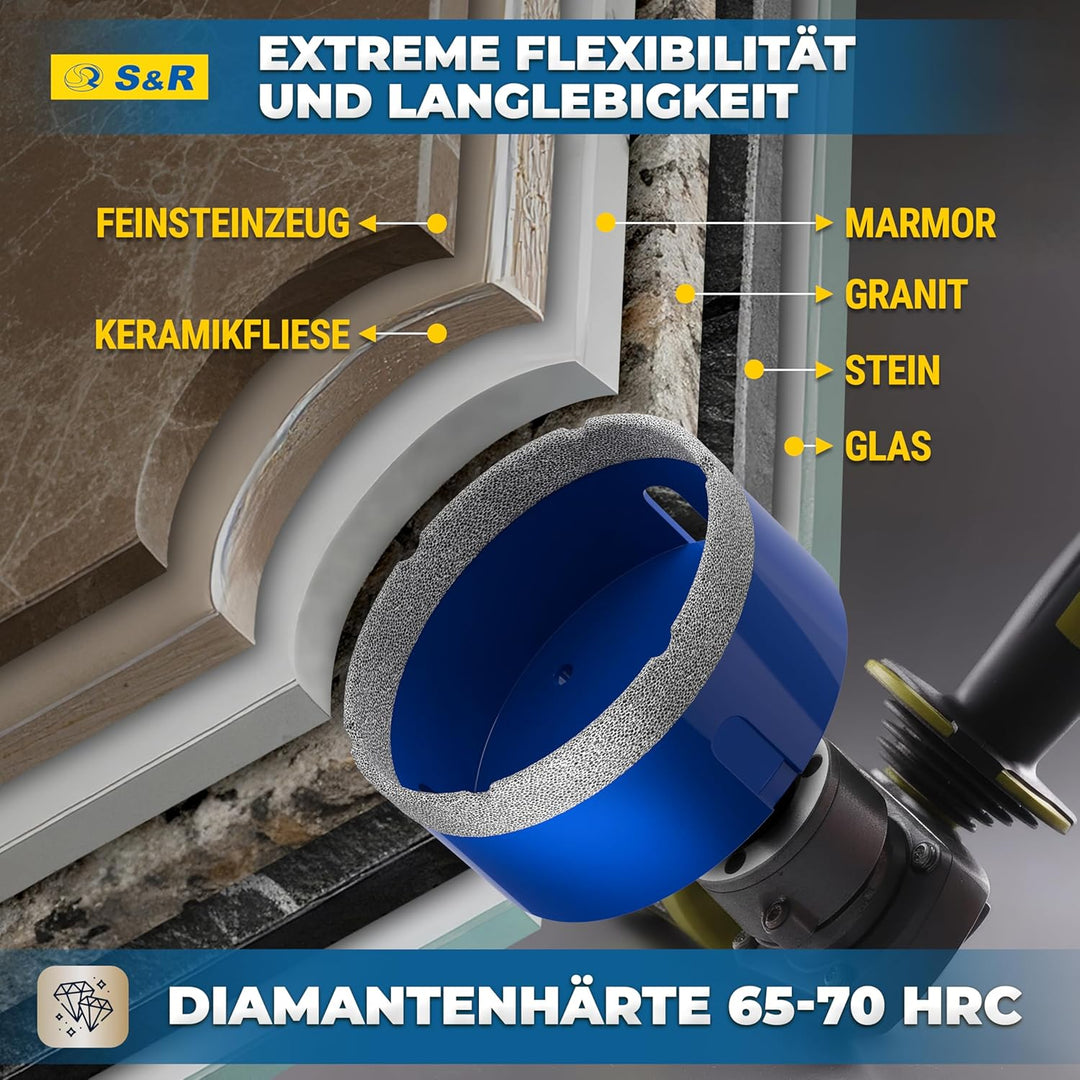 S&R Professional Diamant Fliesenbohrer 100 mm, Lochsäge für Fliesen M14 Gewinde, Diamant Bohrer Flie