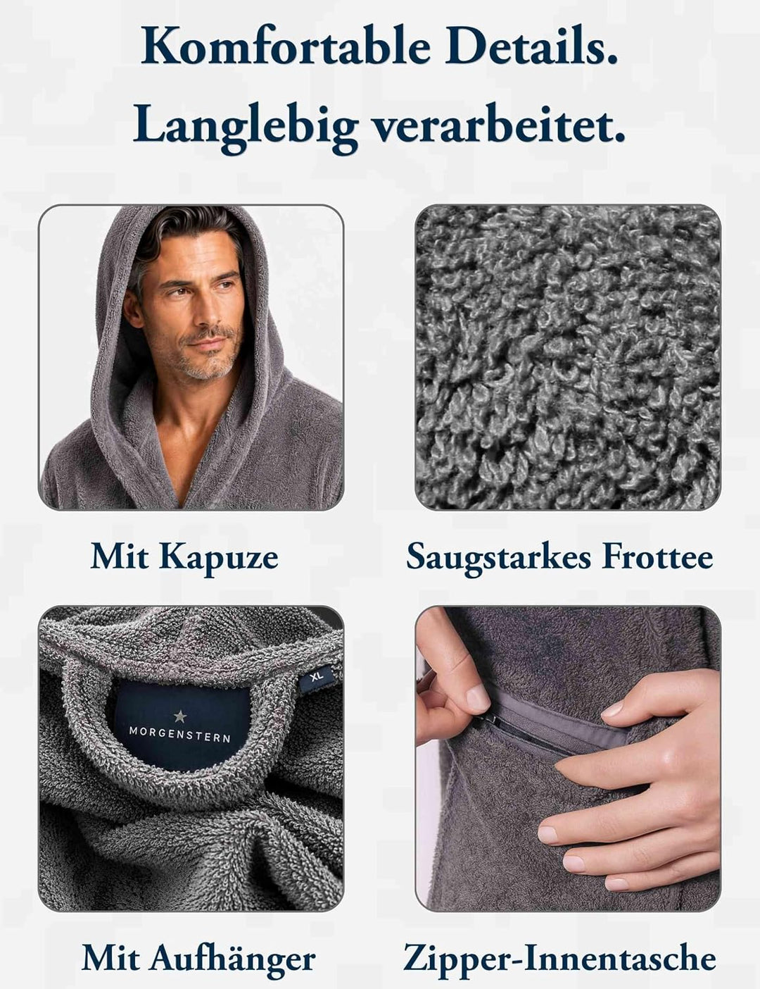 Morgenstern Bademantel Herren Kapuze Frottee 100% Baumwolle Lang Cadiz Salamanca XL Marine, XL Marin