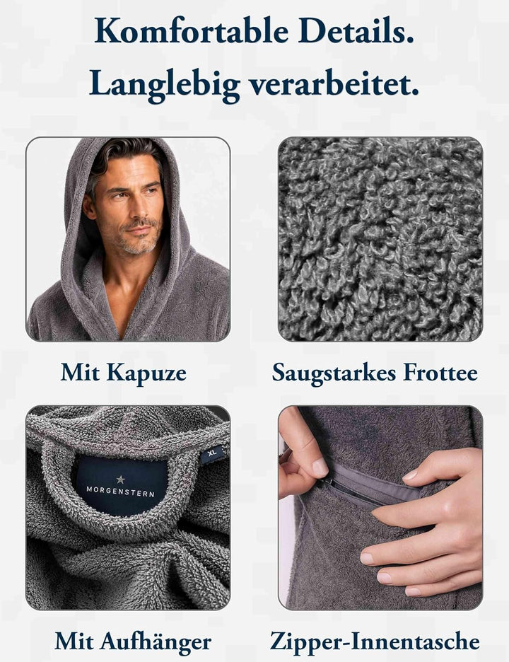 Morgenstern Bademantel Herren Kapuze Frottee 100% Baumwolle Lang Cadiz Salamanca XL Marine, XL Marin