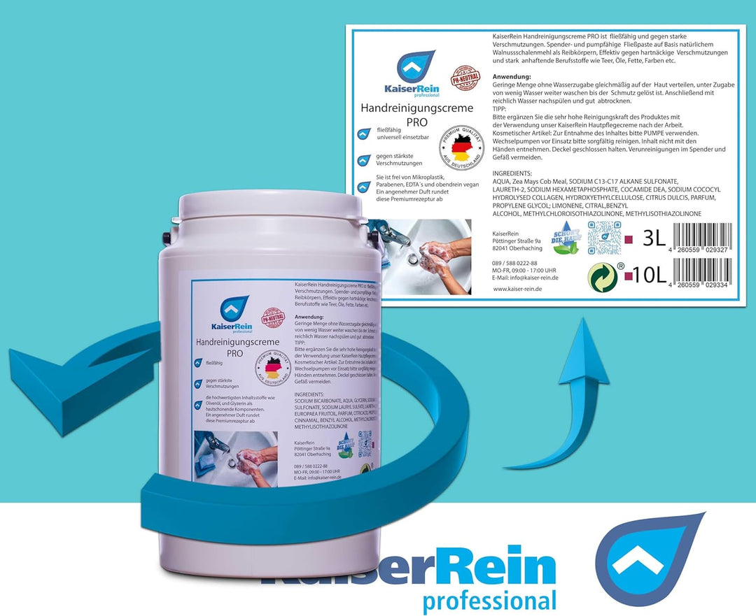 KaiserRein Handreinigungscreme PRO 3 L Handwaschpaste Eimer und Pumpspender SET gegen stärkste Versc