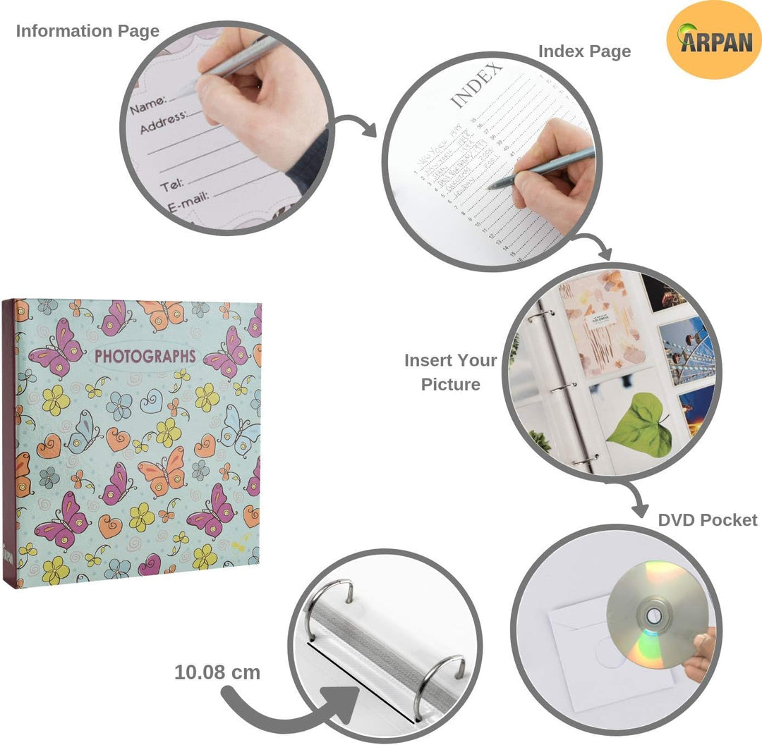 Arpan Grosse Einstecktaschen mit 3 Ringen, für 500 Fotos à 15,2 x 10,2 cm (Schmetterling) Schmetterl